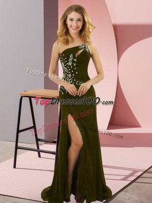 Olive Green Column/Sheath Elastic Woven Satin One Shoulder Sleeveless Beading Lace Up Homecoming Dress Sweep Train