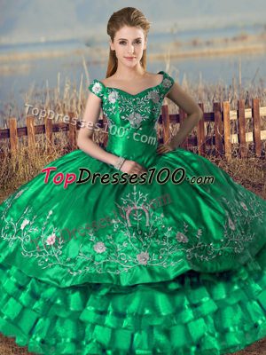Romantic Floor Length Green Quinceanera Dress Off The Shoulder Sleeveless Lace Up