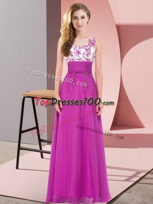 Excellent Fuchsia Empire Appliques Bridesmaids Dress Backless Chiffon Sleeveless Floor Length