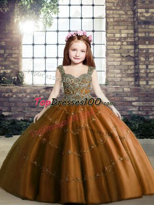 Sleeveless Tulle Floor Length Lace Up Glitz Pageant Dress in Brown with Beading