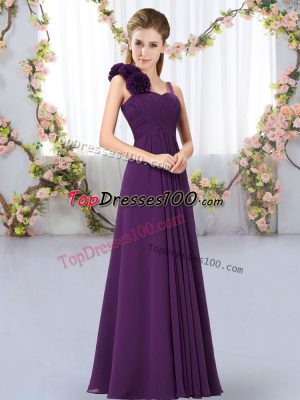 Nice Dark Purple Straps Neckline Hand Made Flower Bridesmaids Dress Sleeveless Lace Up