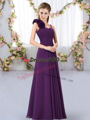 Nice Dark Purple Straps Neckline Hand Made Flower Bridesmaids Dress Sleeveless Lace Up