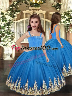 Affordable Embroidery Pageant Gowns For Girls Baby Blue Lace Up Sleeveless Floor Length