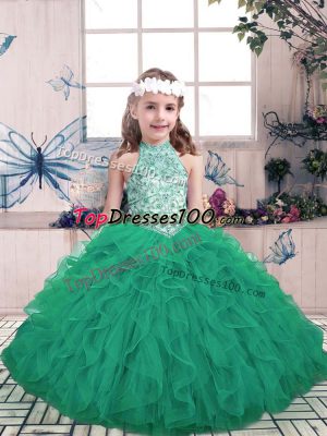 Excellent Green Sleeveless Beading and Ruffles Floor Length Pageant Gowns For Girls