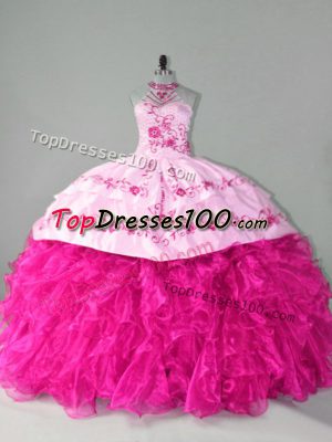 Organza Halter Top Sleeveless Court Train Lace Up Embroidery and Ruffles Sweet 16 Dresses in Hot Pink