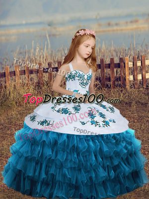 Straps Sleeveless Lace Up Embroidery and Ruffled Layers Little Girls Pageant Gowns in Blue