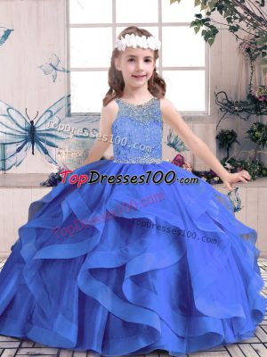 Latest Scoop Sleeveless Pageant Dress for Girls Floor Length Beading and Ruffles Blue Tulle