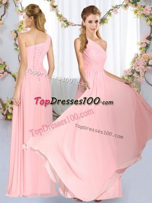 Custom Design Baby Pink Sleeveless Floor Length Ruching Lace Up Wedding Guest Dresses