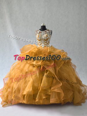 Luxurious Gold Lace Up Sweet 16 Dress Beading and Ruffles Sleeveless Floor Length