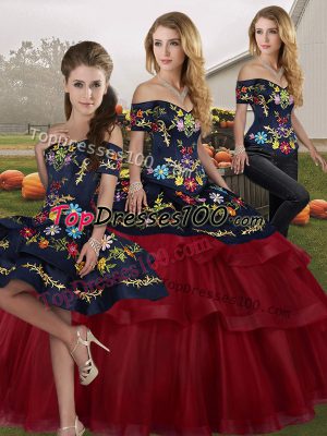 Lovely Wine Red Off The Shoulder Neckline Embroidery and Ruffled Layers Sweet 16 Dresses Sleeveless Lace Up
