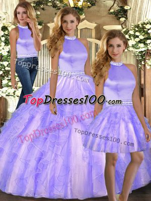 Lavender Tulle Backless Ball Gown Prom Dress Sleeveless Floor Length Beading and Ruffles