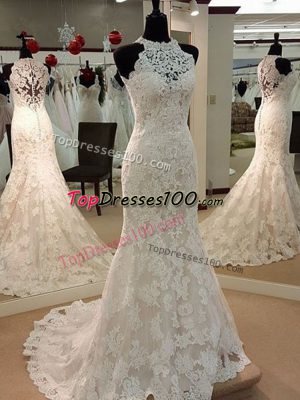 Fitting Lace Sleeveless Wedding Dresses Brush Train and Lace