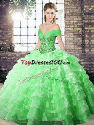 Green Lace Up Off The Shoulder Beading and Ruffled Layers 15 Quinceanera Dress Organza Sleeveless Brush Train