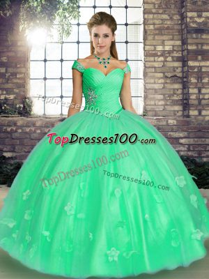 Dynamic Off The Shoulder Sleeveless Lace Up Quinceanera Gowns Turquoise and Apple Green Tulle