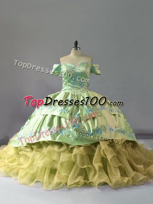 Organza Off The Shoulder Sleeveless Chapel Train Lace Up Embroidery and Ruffles Vestidos de Quinceanera in Yellow Green