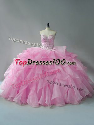 Baby Pink Organza Lace Up Sweetheart Sleeveless Quinceanera Dress Beading and Ruffles