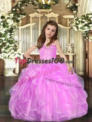 Trendy Floor Length Lace Up Child Pageant Dress Lilac for Party and Sweet 16 and Wedding Party with Ruffled Layers