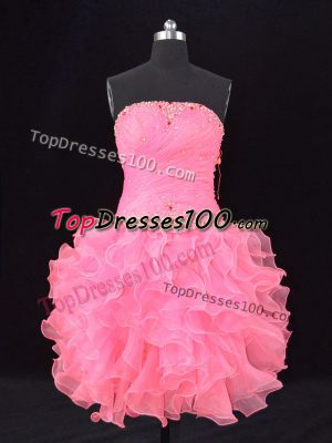 Inexpensive Rose Pink Organza Lace Up Strapless Sleeveless Prom Party Dress Beading and Ruching