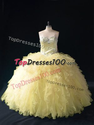 Fashionable Sweetheart Sleeveless Lace Up 15th Birthday Dress Gold Tulle