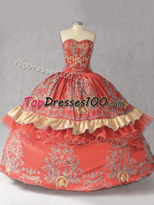Sweetheart Sleeveless Lace Up Vestidos de Quinceanera Rust Red Satin and Organza