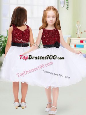 Hot Selling Knee Length White Flower Girl Dress Organza Sleeveless Sequins and Hand Made Flower