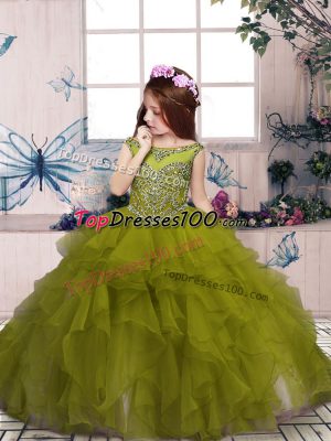 New Style Scoop Sleeveless Pageant Gowns For Girls Floor Length Beading and Ruffles Olive Green Organza