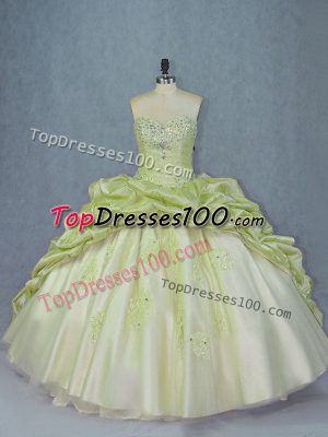 Cheap Sleeveless Organza and Tulle Brush Train Lace Up 15 Quinceanera Dress in Yellow Green with Beading and Appliques