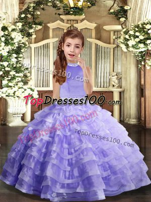 Lavender Ball Gowns Organza Halter Top Sleeveless Beading and Ruffled Layers Floor Length Backless Little Girls Pageant Dress Wholesale