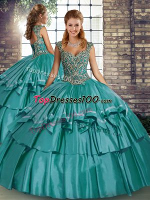 Perfect Ball Gowns 15th Birthday Dress Teal Straps Taffeta Sleeveless Floor Length Lace Up
