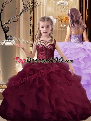 Eye-catching Burgundy Organza Lace Up Little Girl Pageant Gowns Sleeveless Brush Train Beading and Ruffles