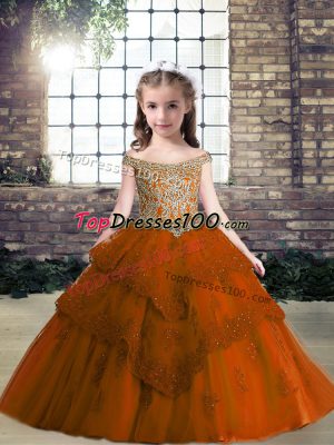 Beautiful Rust Red Ball Gowns Off The Shoulder Sleeveless Tulle Floor Length Lace Up Beading and Appliques Little Girl Pageant Dress