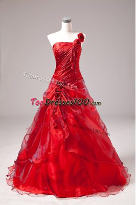 Hot Sale Floor Length Red Quinceanera Dress One Shoulder Sleeveless Lace Up