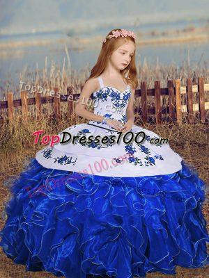 Unique Floor Length Royal Blue Girls Pageant Dresses Organza Sleeveless Embroidery and Ruffles
