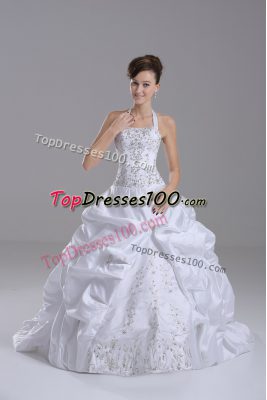 Glorious White Taffeta Lace Up Halter Top Sleeveless Wedding Gowns Brush Train Beading and Embroidery and Pick Ups