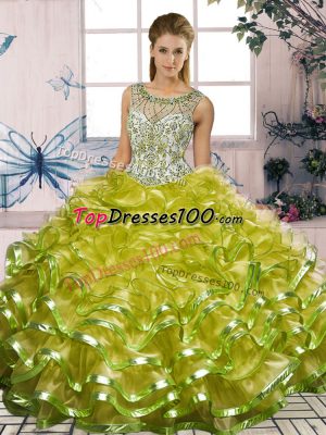 Sumptuous Scoop Sleeveless Lace Up Ball Gown Prom Dress Olive Green Organza