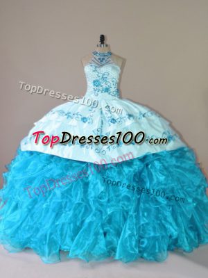 Aqua Blue Organza Lace Up Vestidos de Quinceanera Sleeveless Court Train Embroidery and Ruffles