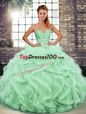 Floor Length Lace Up Quinceanera Dress Apple Green for Military Ball and Sweet 16 and Quinceanera with Beading and Ruffles