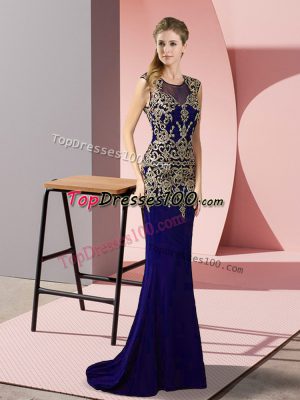 Fine Satin Scoop Sleeveless Sweep Train Zipper Appliques Formal Dresses in Purple