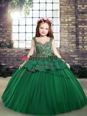 High Class Dark Green Straps Neckline Beading and Lace Little Girl Pageant Dress Sleeveless Lace Up