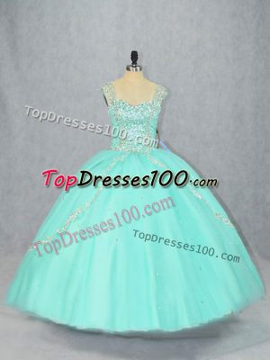 Amazing Apple Green Quince Ball Gowns Tulle Brush Train Cap Sleeves Beading
