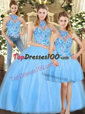 Fantastic Baby Blue Lace Up Quince Ball Gowns Embroidery Sleeveless Floor Length