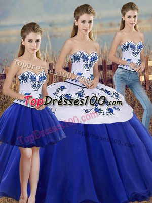 Simple Royal Blue Tulle Lace Up Sweetheart Sleeveless Floor Length Quinceanera Dress Embroidery and Bowknot