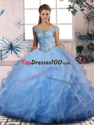 Fantastic Floor Length Ball Gowns Sleeveless Blue 15th Birthday Dress Lace Up