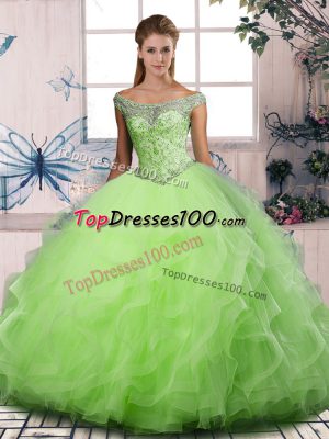 Off The Shoulder Sleeveless Tulle Quinceanera Gowns Beading and Ruffles Lace Up