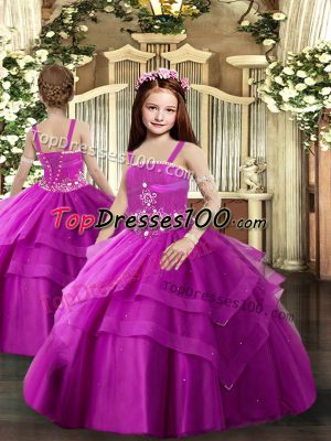 Top Selling Floor Length Fuchsia Little Girl Pageant Dress Straps Sleeveless Lace Up