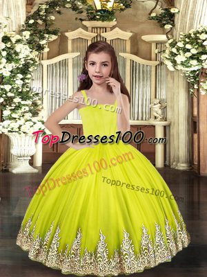 Perfect Sleeveless Tulle Floor Length Lace Up Pageant Dress Toddler in Yellow Green with Embroidery