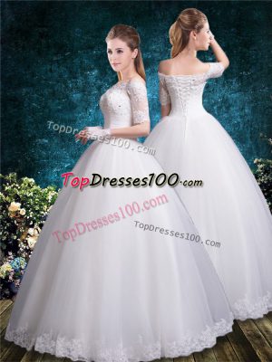 Low Price White Off The Shoulder Neckline Lace Wedding Dresses Half Sleeves Lace Up