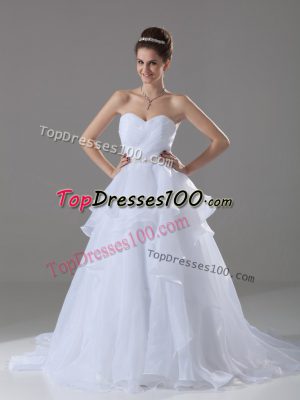 Hot Sale White Sleeveless Beading and Ruffles Lace Up Wedding Gown