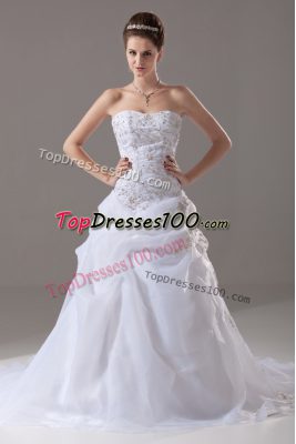 Lovely White Wedding Gowns Organza Brush Train Sleeveless Embroidery