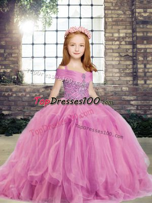 Lilac Ball Gowns Beading Pageant Dress Lace Up Tulle Sleeveless Floor Length